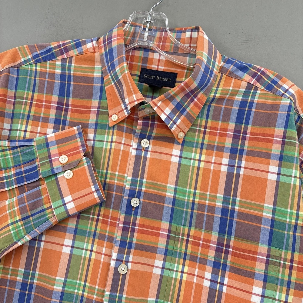 Scott Barber Shirt Mens XL Orange Green Plaid Button Down Long Sleeve Preppy
